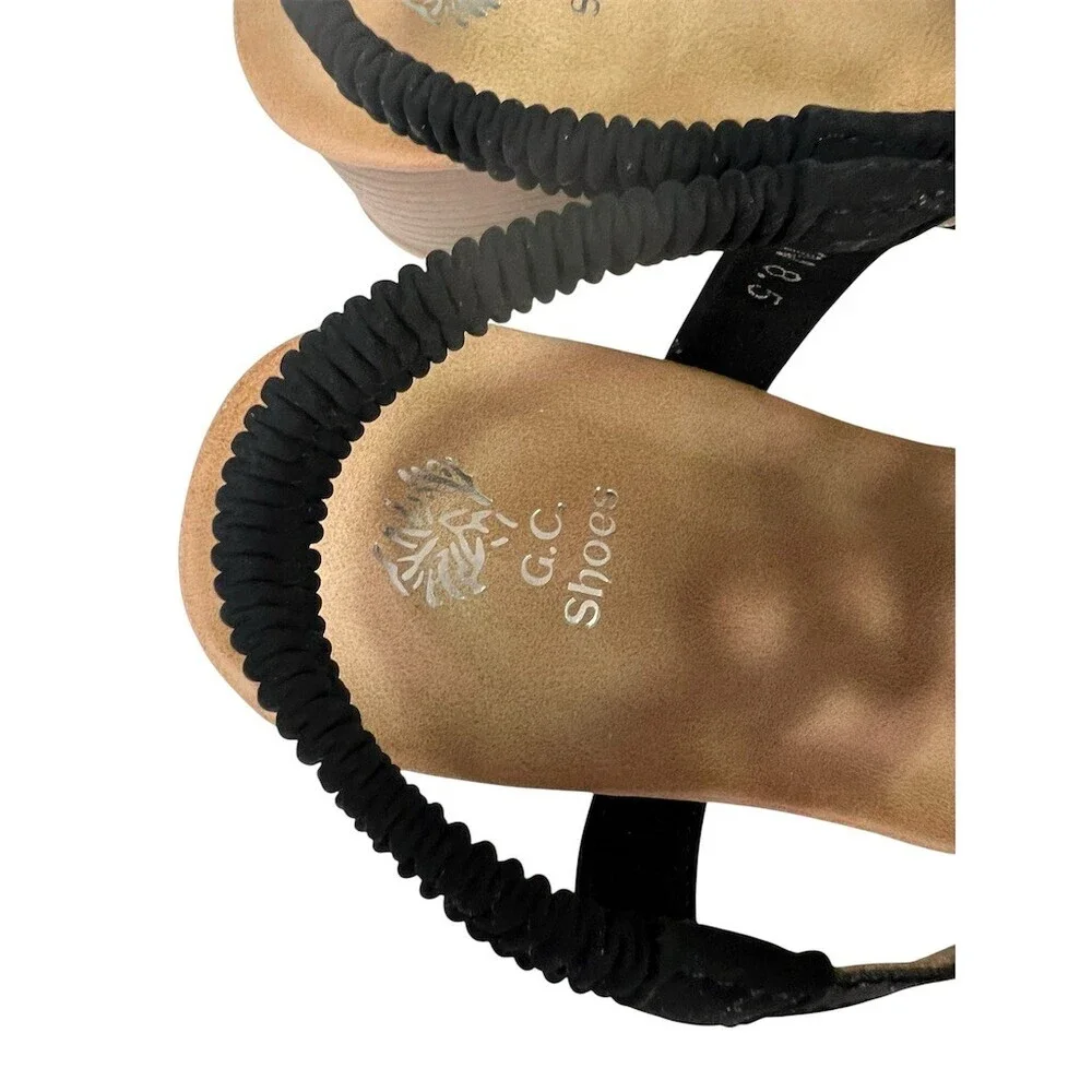 G.C. Shoes Madelyn Wedge Sandals Womens 8.5 Black Rhinestone T-Strap Thong